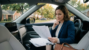 A driver reviewing insurance policy renewal documents in the front seat of a car parked on a quiet Kentucky suburban street.