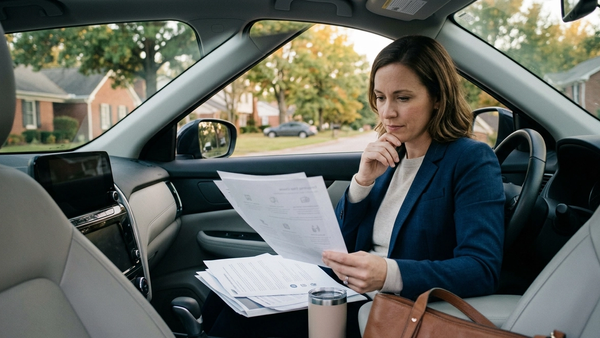 A driver reviewing insurance policy renewal documents in the front seat of a car parked on a quiet Kentucky suburban street.