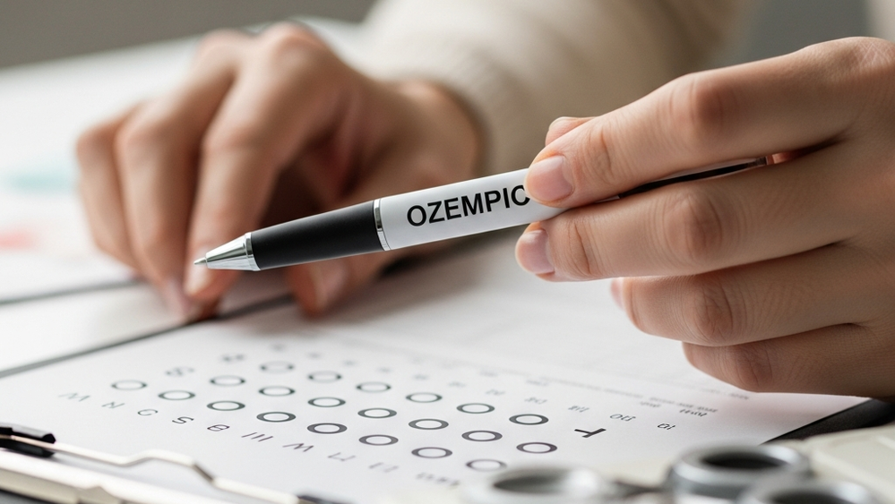 A close-up of a person holding an Ozempic pen next to a medical chart showing vision test results.