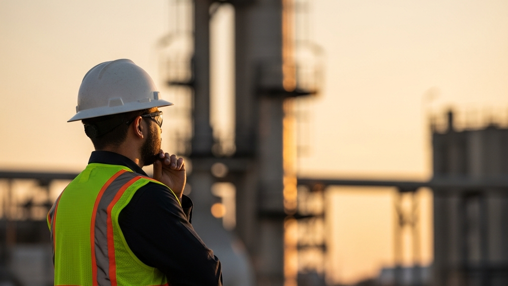 A construction worker wearing a high-visibility vest and a hard hat looking thoughtfully at a large industrial site during sunset.