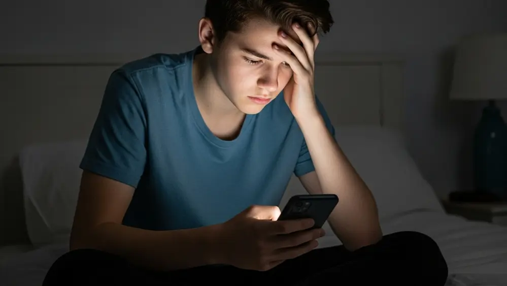 A teenager sits on a bed in a dimly lit room, looking intently at a glowing smartphone screen while appearing stressed or anxious.