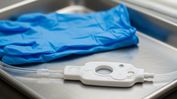 A surgical port catheter device resting on a clean medical tray next to a pair of blue sterile gloves.