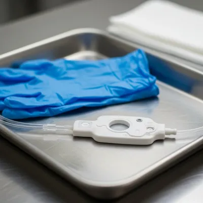 A surgical port catheter device resting on a clean medical tray next to a pair of blue sterile gloves.
