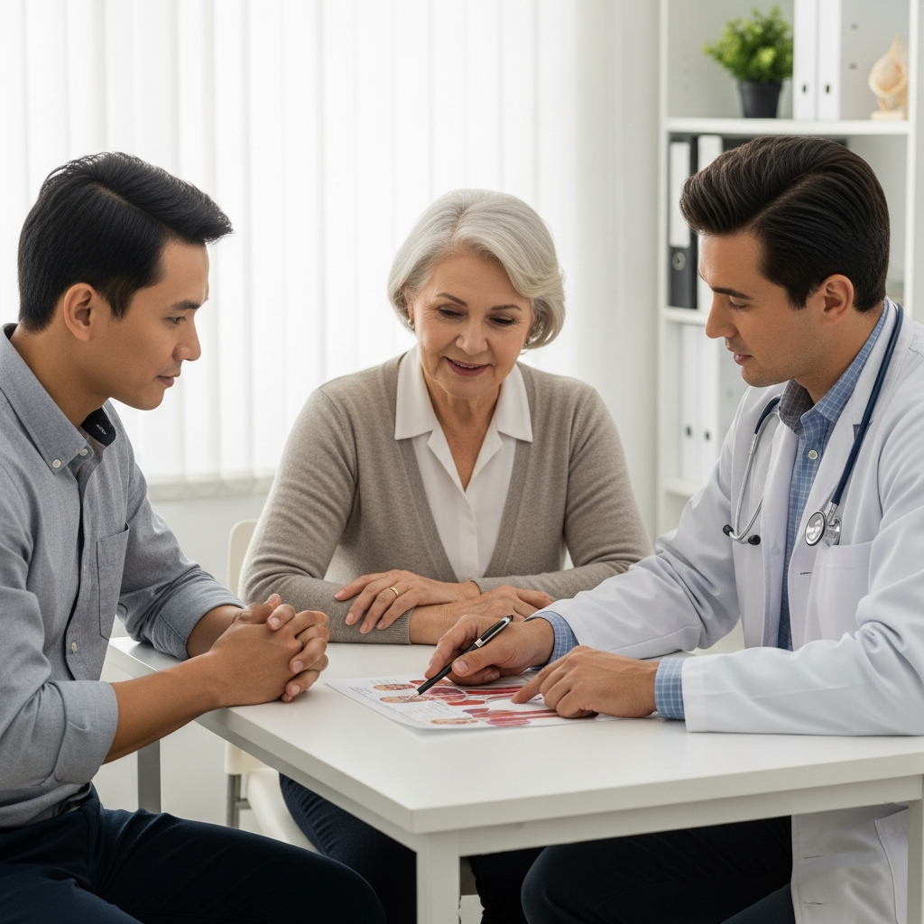 A doctor in a white coat sits with an elderly patient and her son in a bright clinic office, explaining a medical diagram on a table.