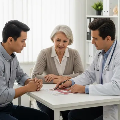 A doctor in a white coat sits with an elderly patient and her son in a bright clinic office, explaining a medical diagram on a table.