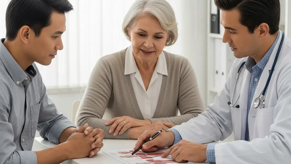 A doctor in a white coat sits with an elderly patient and her son in a bright clinic office, explaining a medical diagram on a table.