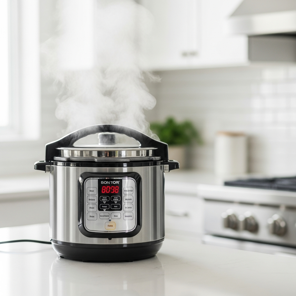 A stainless steel electric pressure cooker sitting on a kitchen counter with steam visible, representing a consumer product safety scenario.