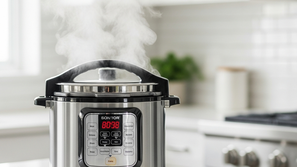 A stainless steel electric pressure cooker sitting on a kitchen counter with steam visible, representing a consumer product safety scenario.