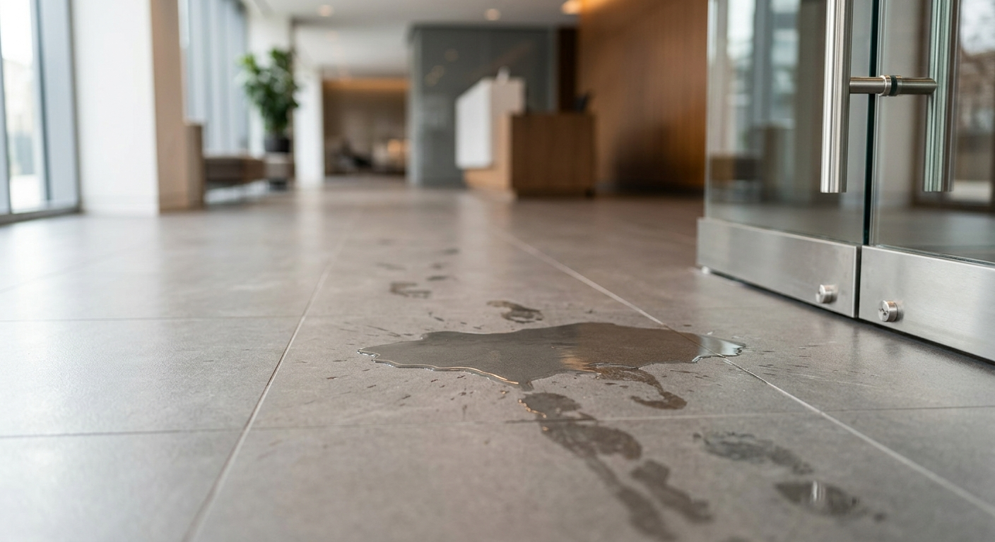 A close-up view of a wet floor near a tiled entryway with a small puddle of water, viewed from a low perspective to emphasize the visibility of the hazard.