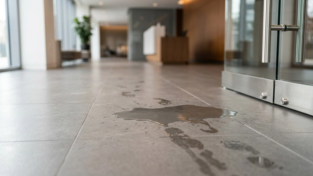 A close-up view of a wet floor near a tiled entryway with a small puddle of water, viewed from a low perspective to emphasize the visibility of the hazard.