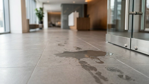 A close-up view of a wet floor near a tiled entryway with a small puddle of water, viewed from a low perspective to emphasize the visibility of the hazard.