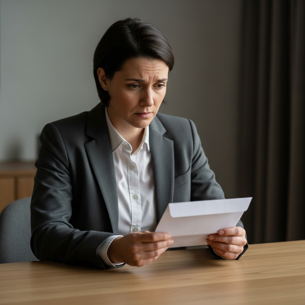 A person sitting at a wooden desk looking at a white envelope with a concerned expression, symbolizing the receipt of a social security denial letter.