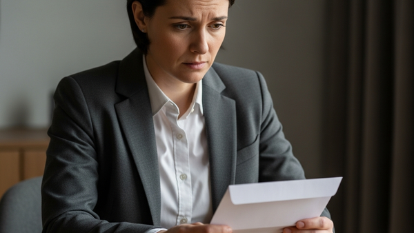 A person sitting at a wooden desk looking at a white envelope with a concerned expression, symbolizing the receipt of a social security denial letter.