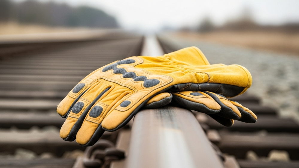 A close-up view of a pair of heavy-duty work gloves resting on a section of weathered railroad tracks in an industrial setting.