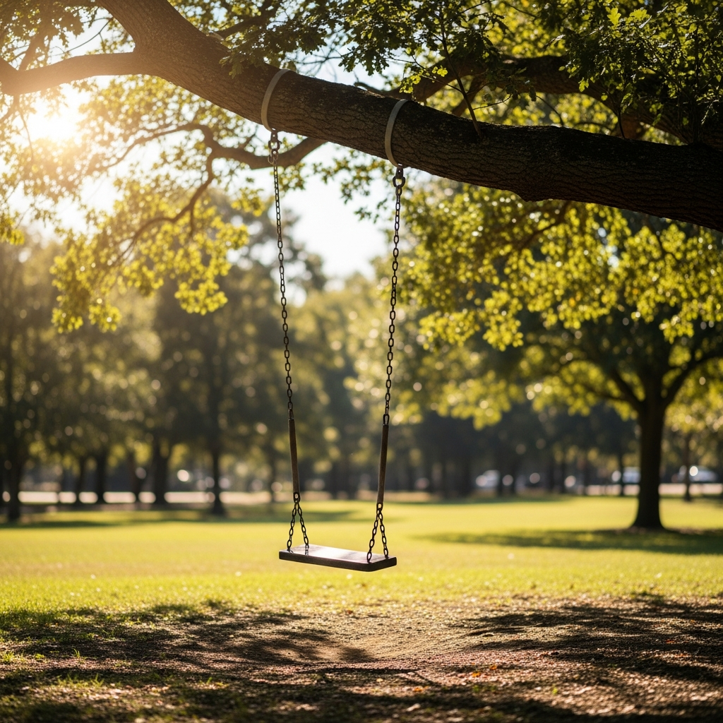 A symbolic scene of an empty wooden swing in a sunlit park, representing the loss of a child and the impact on a family.