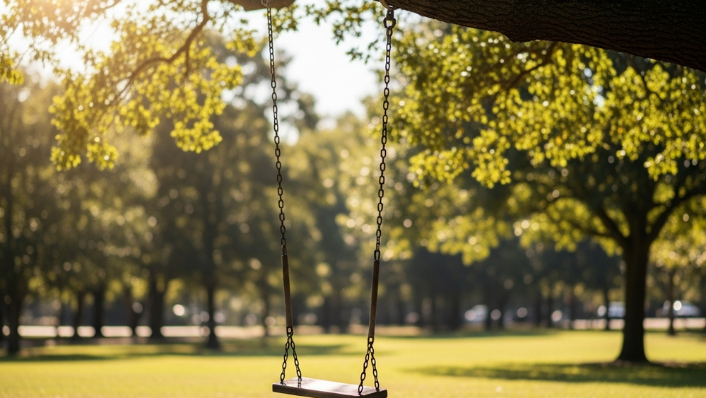 A symbolic scene of an empty wooden swing in a sunlit park, representing the loss of a child and the impact on a family.