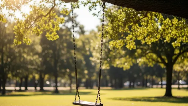 A symbolic scene of an empty wooden swing in a sunlit park, representing the loss of a child and the impact on a family.