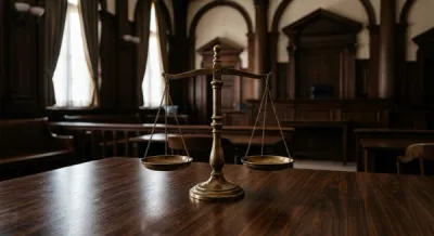 A symbolic view of a set of brass scales of justice standing on a dark wooden table in a dimly lit courtroom setting.