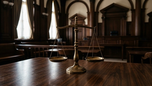 A symbolic view of a set of brass scales of justice standing on a dark wooden table in a dimly lit courtroom setting.