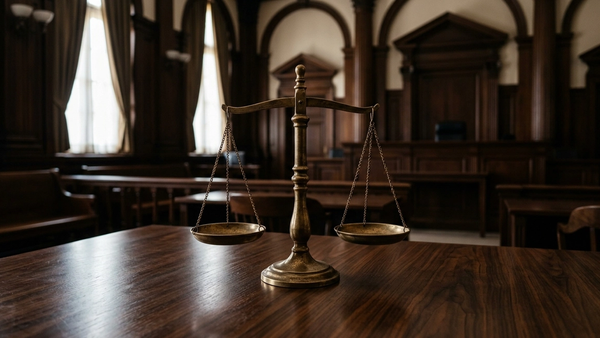 A symbolic view of a set of brass scales of justice standing on a dark wooden table in a dimly lit courtroom setting.