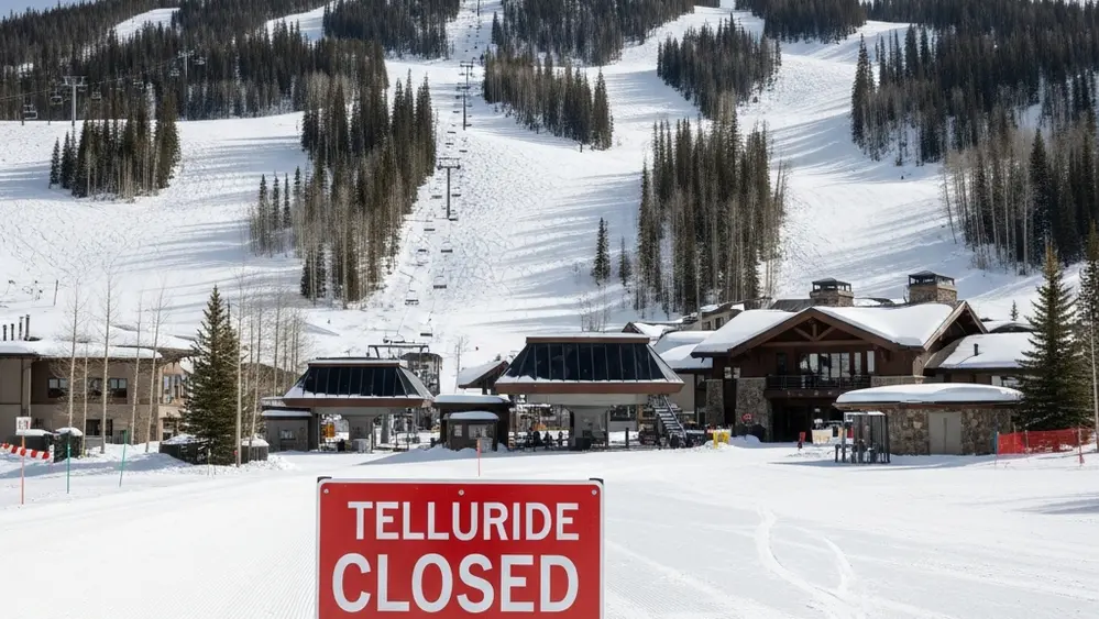 A snowy, empty ski resort with a closed sign in the foreground, representing the Telluride labor strike.