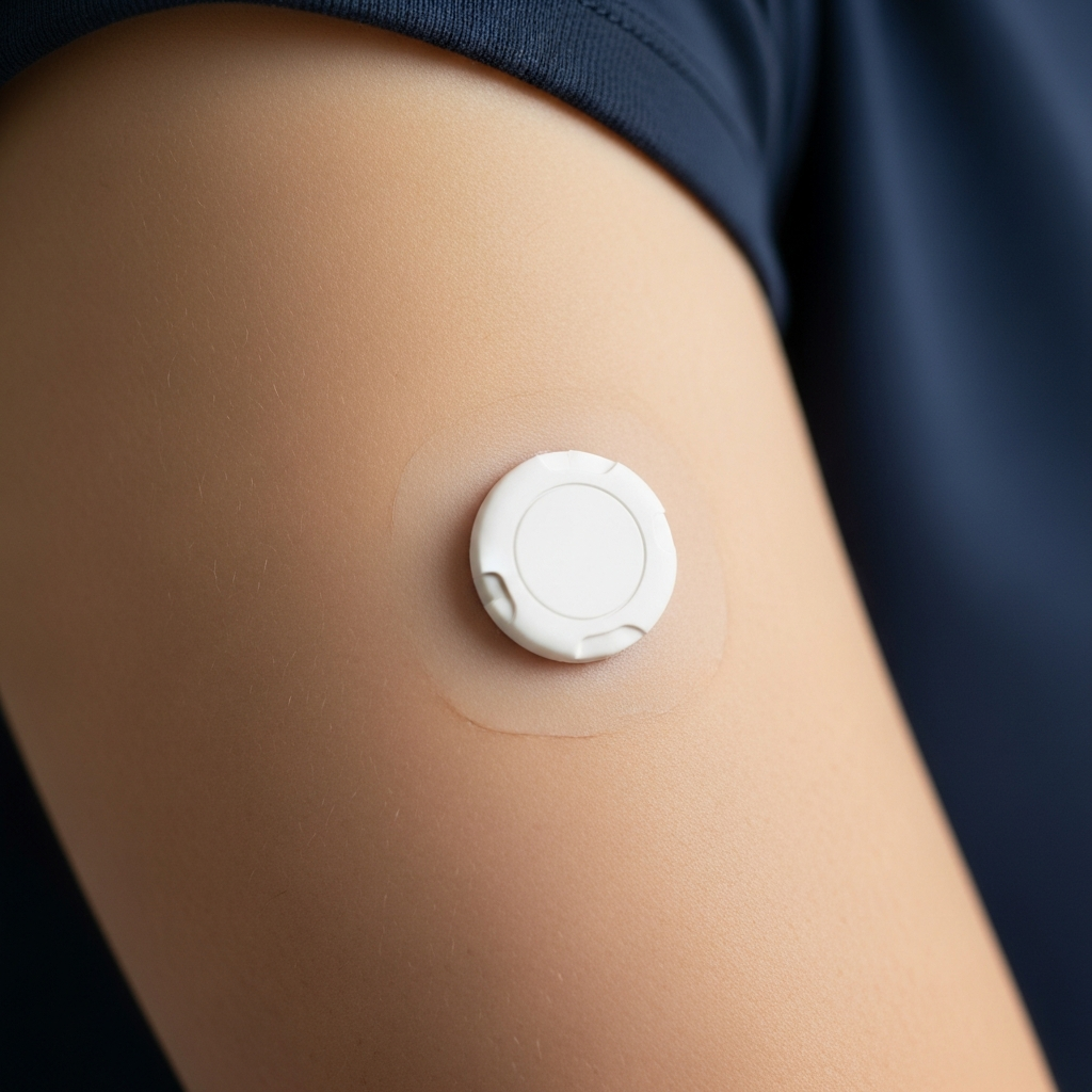 A close-up of a continuous glucose monitoring sensor applied to a person's upper arm, focusing on the small white circular medical device.