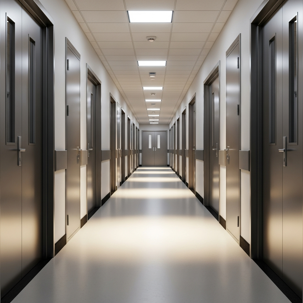 A perspective view of a long institutional hallway with metallic doors and shadows cast from ceiling lights.
