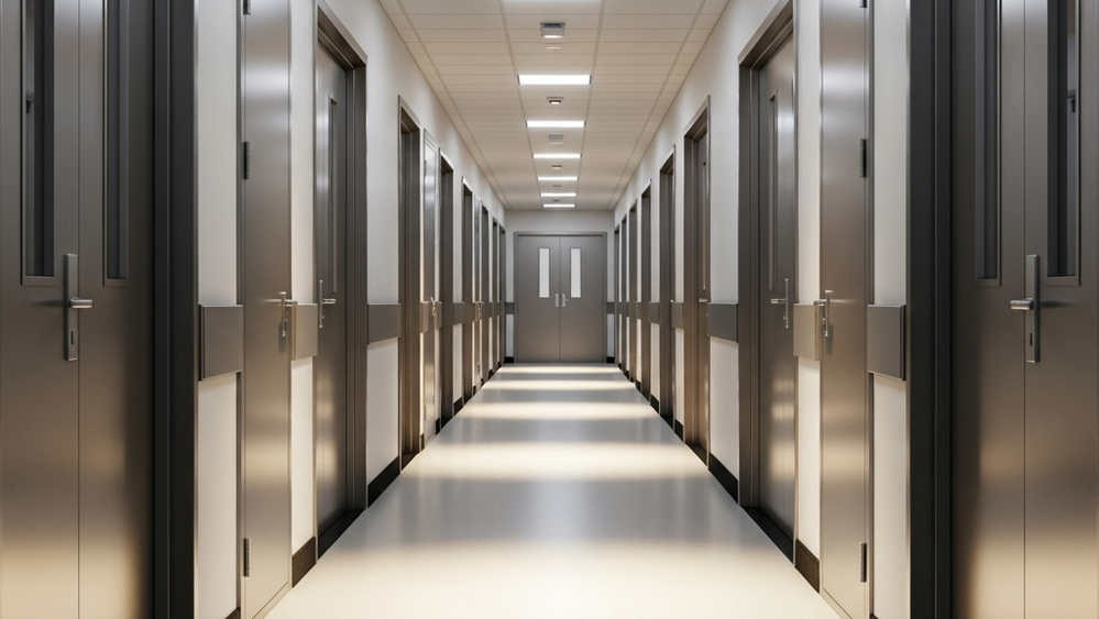 A perspective view of a long institutional hallway with metallic doors and shadows cast from ceiling lights.