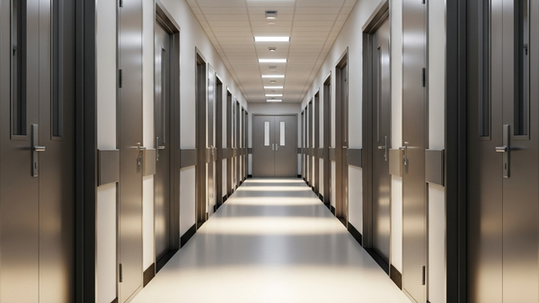 A perspective view of a long institutional hallway with metallic doors and shadows cast from ceiling lights.