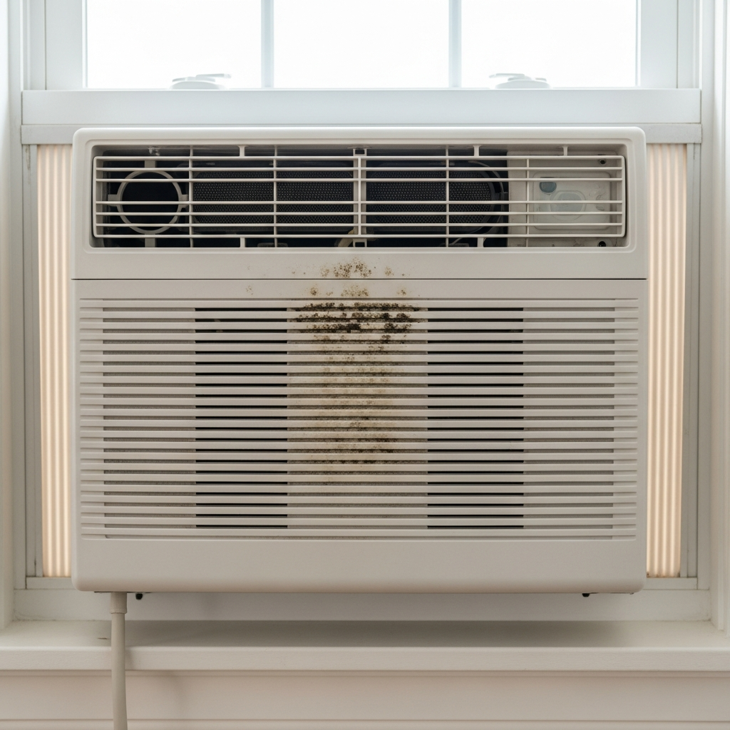 A white window air conditioner unit installed in a window frame with dark mold spots visible around the interior vents and plastic casing.