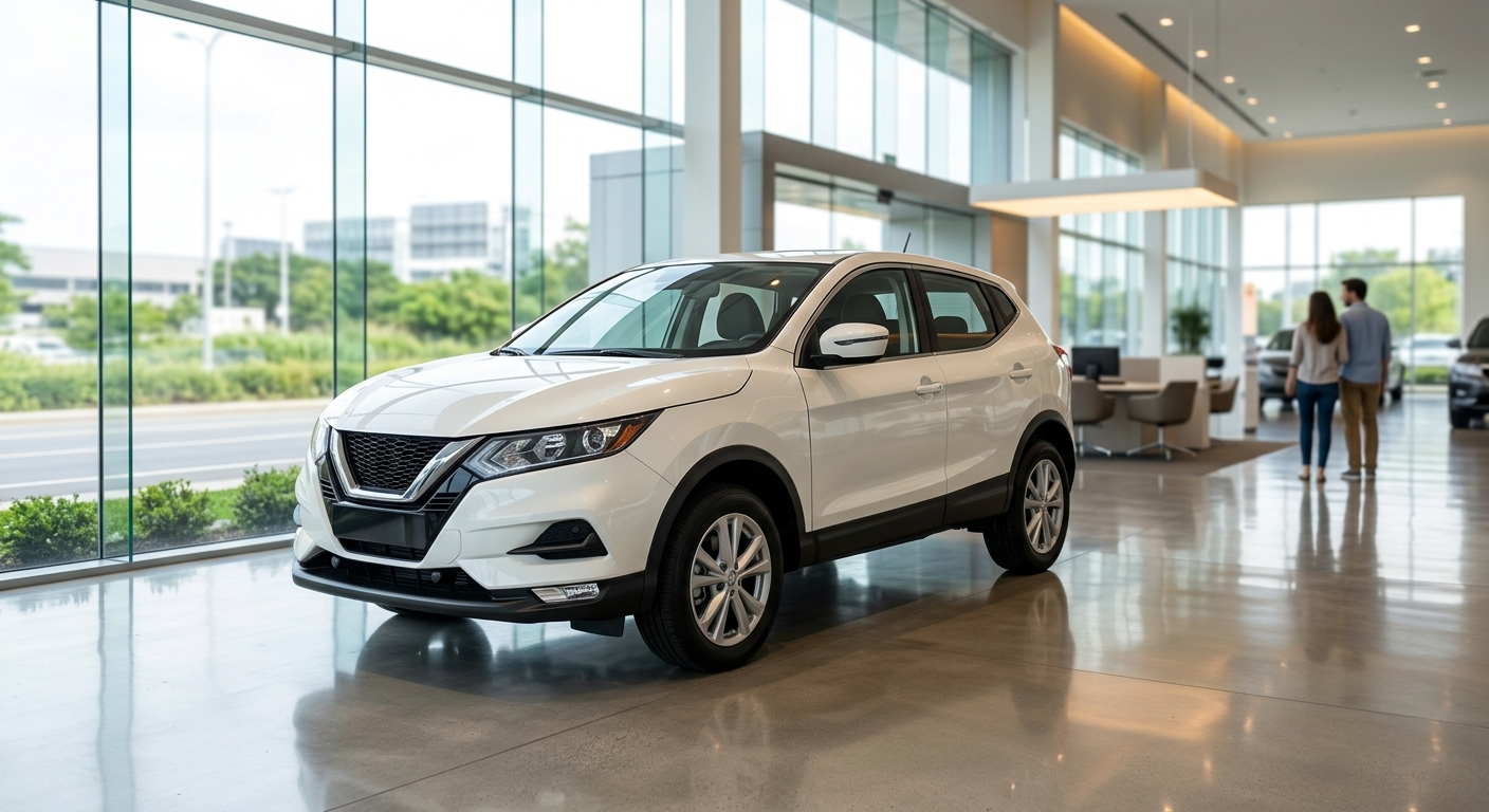 A white Nissan crossover vehicle parked in a modern, brightly lit dealership showroom with large glass windows and polished floors.