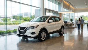 A white Nissan crossover vehicle parked in a modern, brightly lit dealership showroom with large glass windows and polished floors.