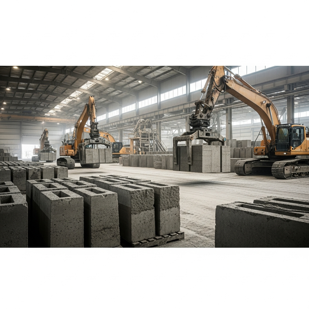 An industrial concrete manufacturing plant with heavy machinery and large concrete blocks in a warehouse setting.