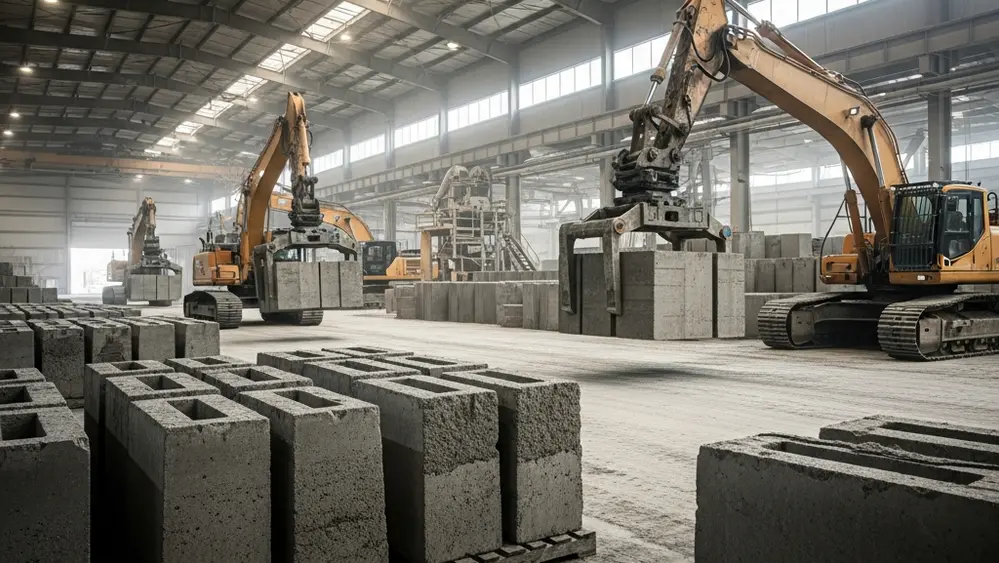 An industrial concrete manufacturing plant with heavy machinery and large concrete blocks in a warehouse setting.