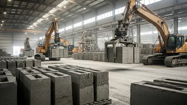 An industrial concrete manufacturing plant with heavy machinery and large concrete blocks in a warehouse setting.
