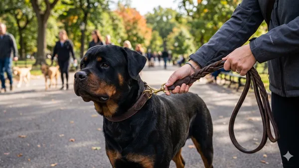 A close-up of a large dog on a heavy leather leash being held by an owner in a public park setting.