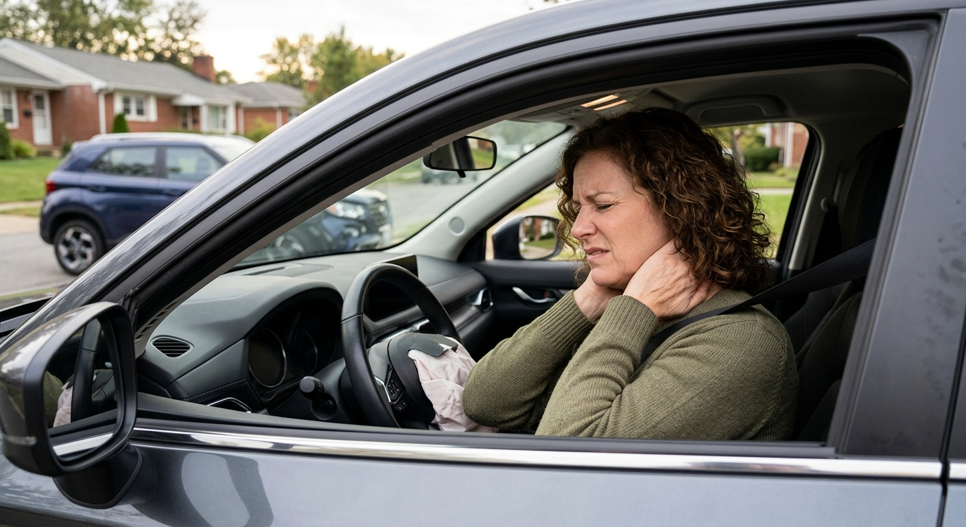 A person sitting in the driver's seat of a car clutching their neck with a pained expression after a collision on a residential road.