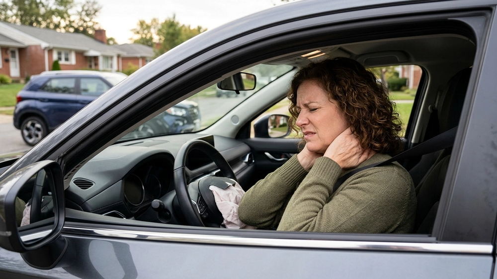 A person sitting in the driver's seat of a car clutching their neck with a pained expression after a collision on a residential road.