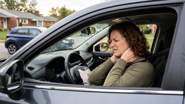 A person sitting in the driver's seat of a car clutching their neck with a pained expression after a collision on a residential road.