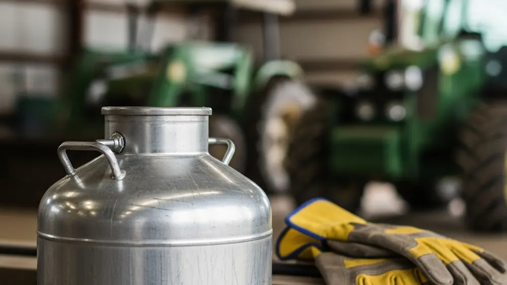 A large metal canister of agricultural herbicide sitting in a farm shed, with a pair of heavy-duty work gloves and a tractor visible in the blurred background.