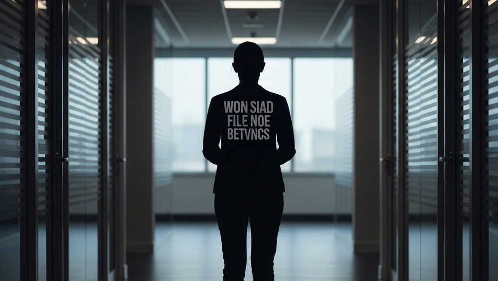 A silhouette of a person standing alone in a modern office hallway with soft lighting.