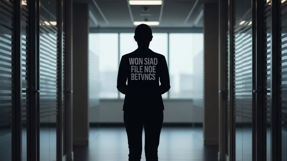 A silhouette of a person standing alone in a modern office hallway with soft lighting.