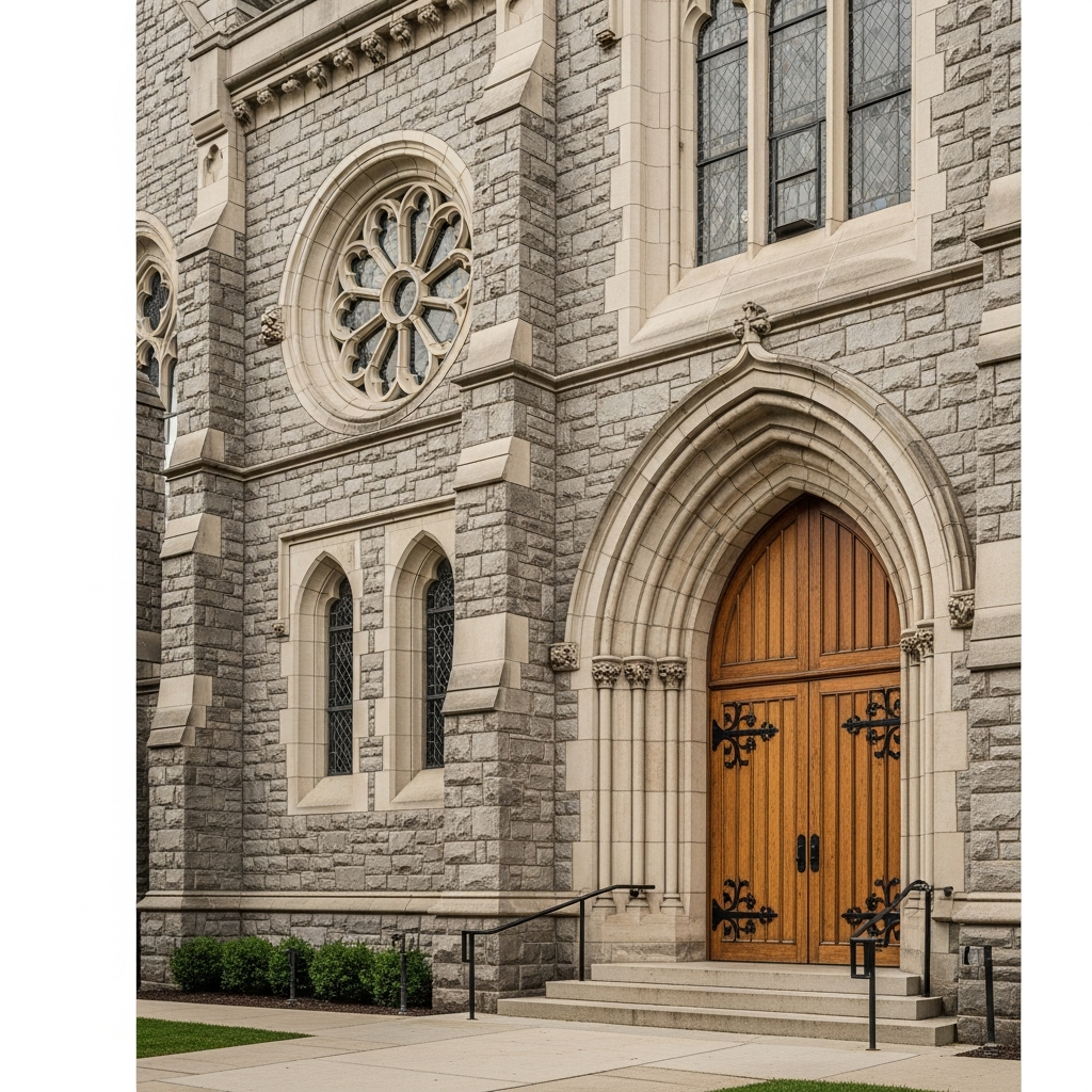 A stone building with religious architectural details and a large wooden door, symbolizing institutional heritage and legal accountability.