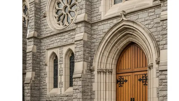 A stone building with religious architectural details and a large wooden door, symbolizing institutional heritage and legal accountability.