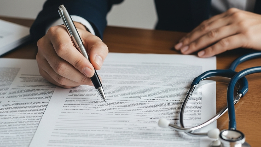 A close-up view of a person's hand holding a pen over a detailed medical document on a wooden desk with a stethoscope nearby