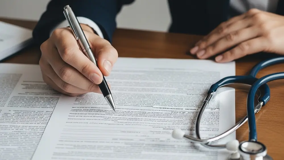 A close-up view of a person's hand holding a pen over a detailed medical document on a wooden desk with a stethoscope nearby