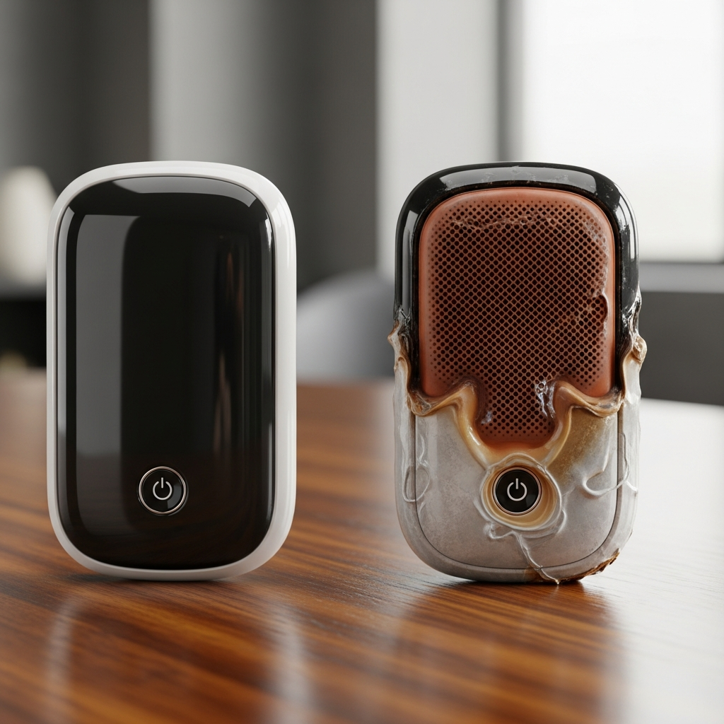 A pair of electronic rechargeable hand warmers sitting on a wooden table, with one device showing visible heat damage and melting on the plastic casing.