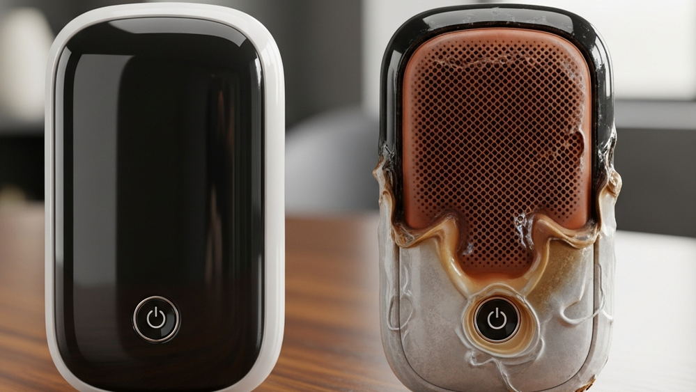 A pair of electronic rechargeable hand warmers sitting on a wooden table, with one device showing visible heat damage and melting on the plastic casing.