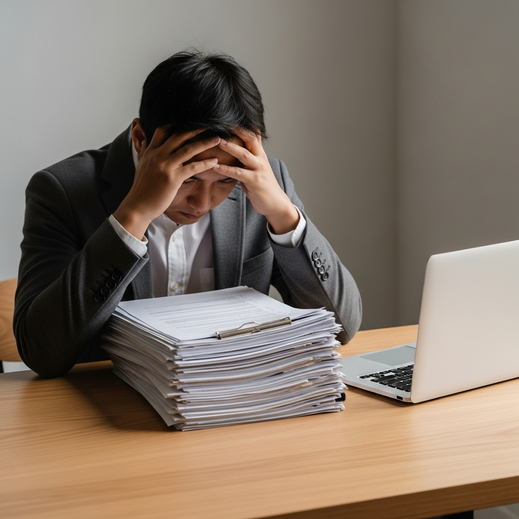 A person sitting at a wooden table with their head in their hands, looking at a stack of documents next to a closed laptop