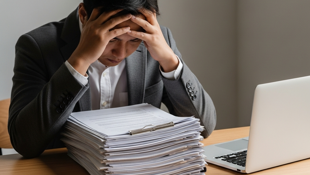 A person sitting at a wooden table with their head in their hands, looking at a stack of documents next to a closed laptop